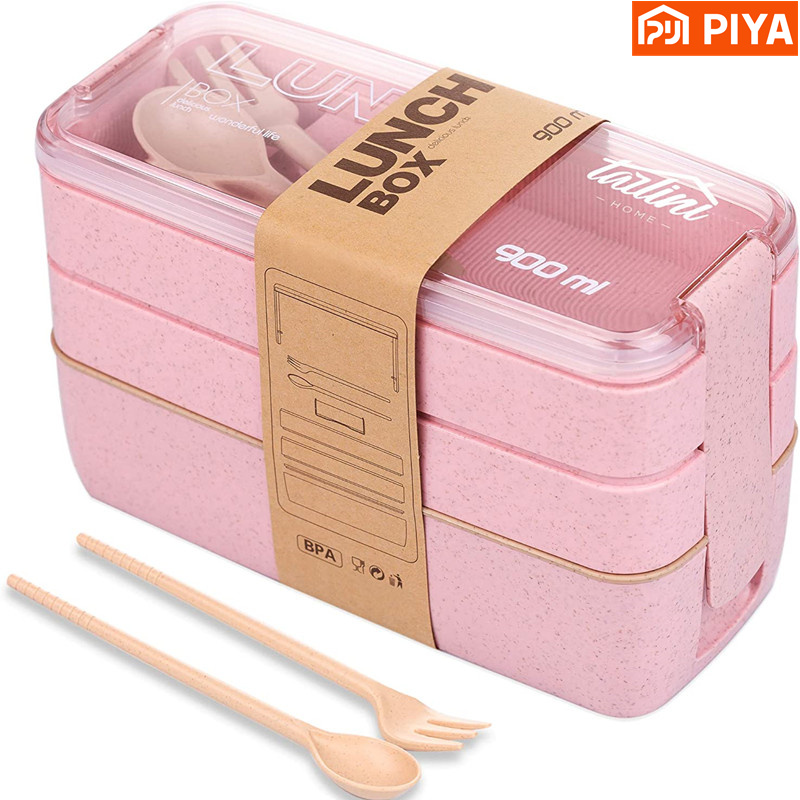 Food Or Snacks - 3-In-1 Compartment Wheat Straw Bento Box